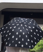 黒い折りたたみ傘。白字で数字の柄。の画像