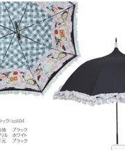 日傘、黒で白のレースの長傘、手開きの画像