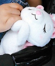 Disneyのマリーちゃんが寝てる姿の大人の掌サイズのぬいぐるみの画像